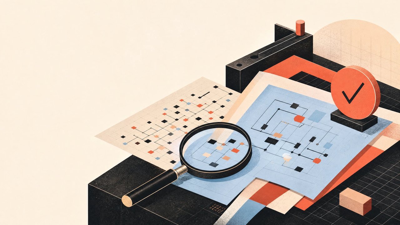 Editorial illustration of a developer workbench with code-review layers, a constrained AI assistance panel, and a clear human approval marker.