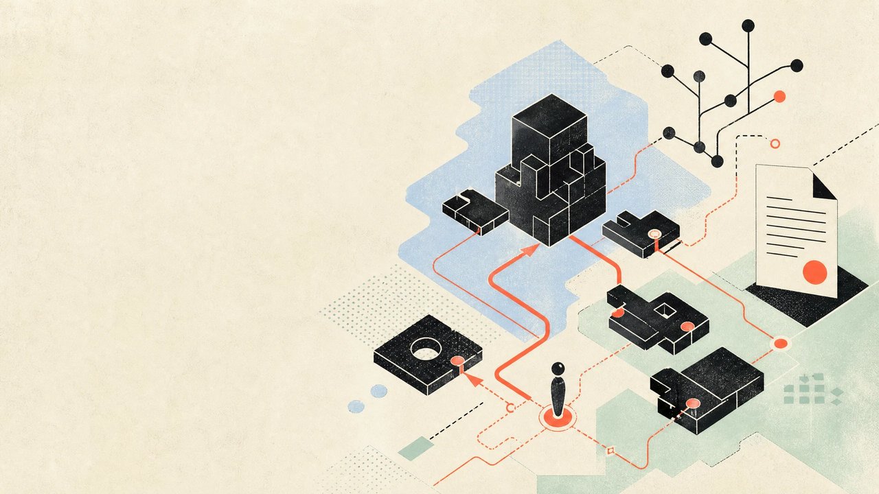 Editorial illustration of modular developer-tool blocks, an open-source licence sheet, and a research path converging on a decision marker.