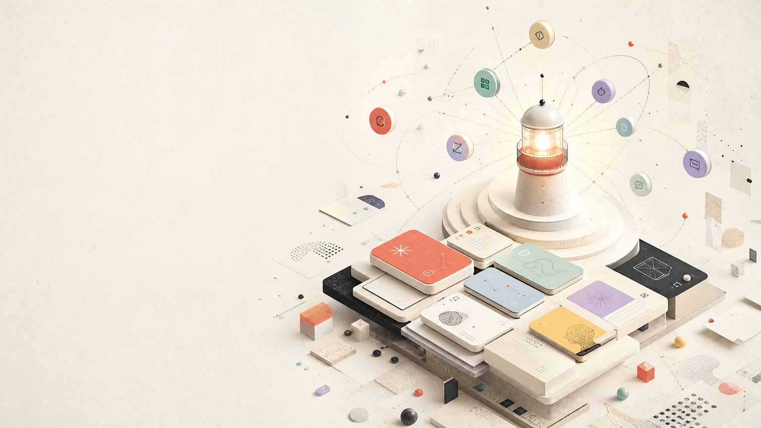 Beacon illustration guiding developer-tool discovery across AI, open-source, and SaaS options on Oryxen