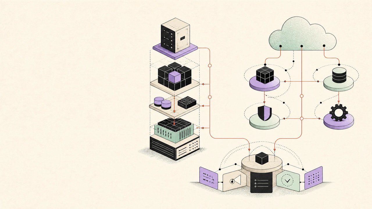Editorial illustration showing two carefully labeled operating paths—self-managed infrastructure and managed service—meeting at a shared developer workflow decision point.